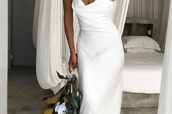 Luxurious Column Wedding Dress with Cowl Neckline and Spaghetti