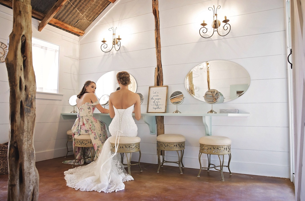 women sitting at makeup vanities